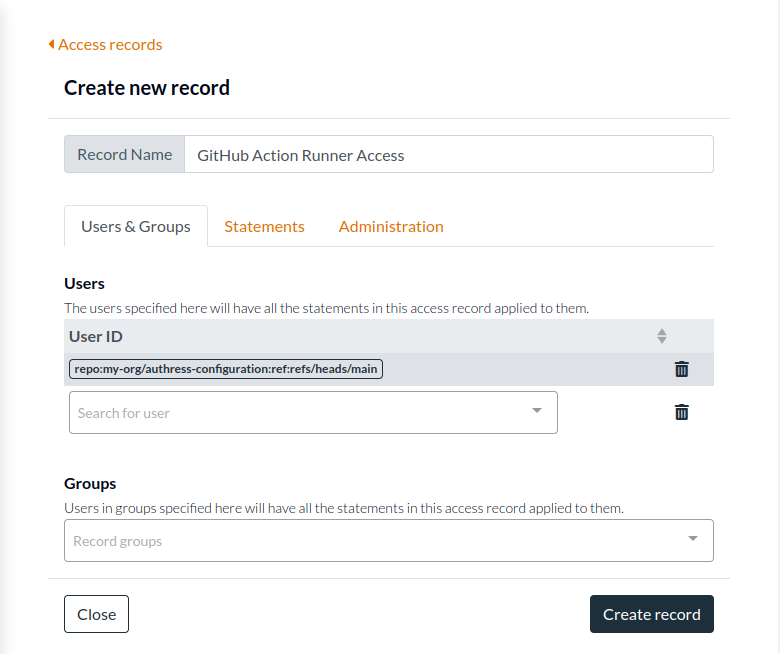 GitHub access record configuration