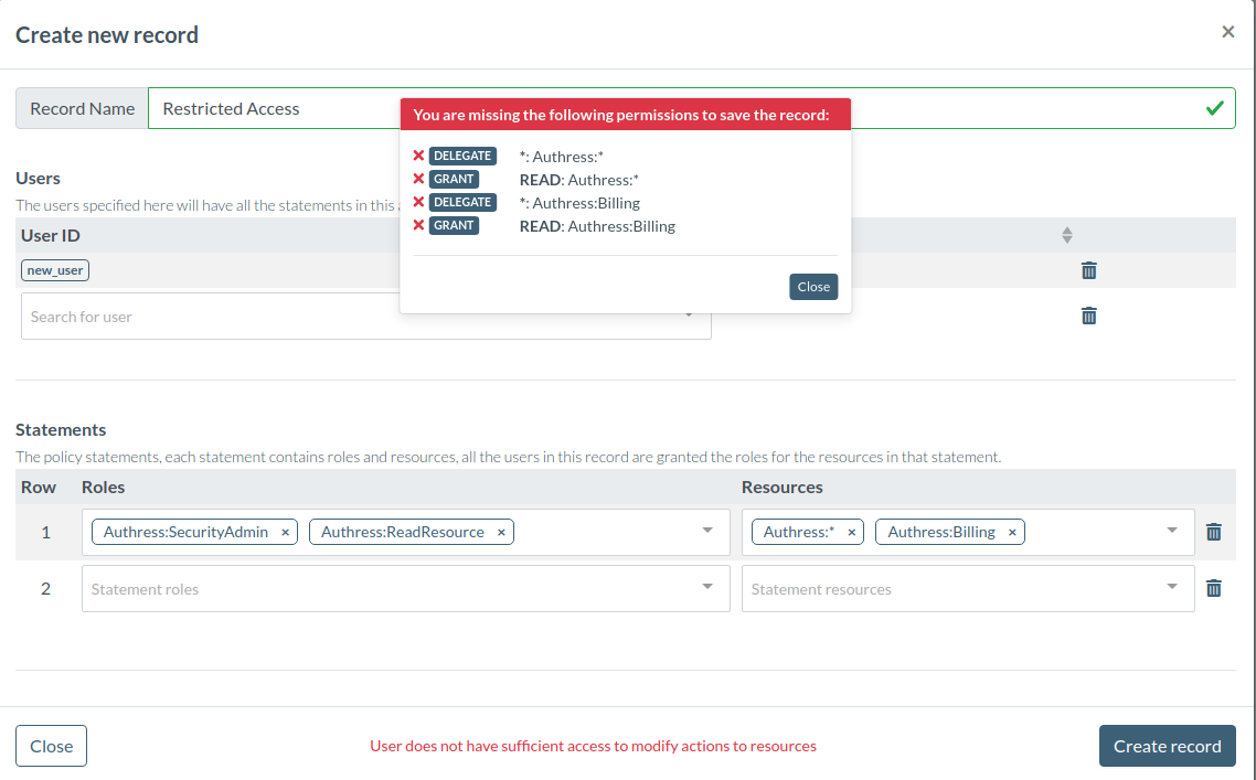 updating access record with missing permissions